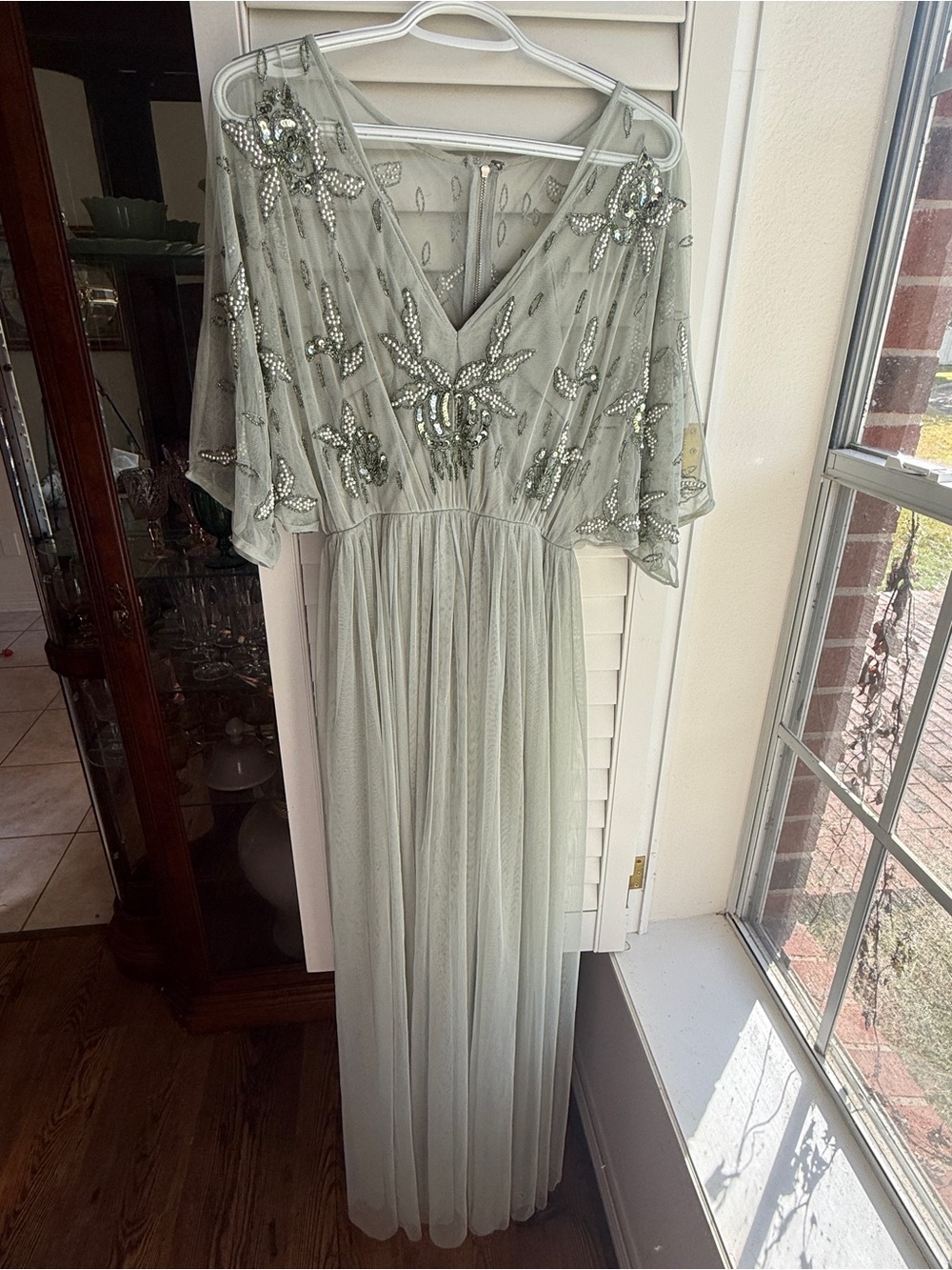 Hand embellished kimono mesh maxi